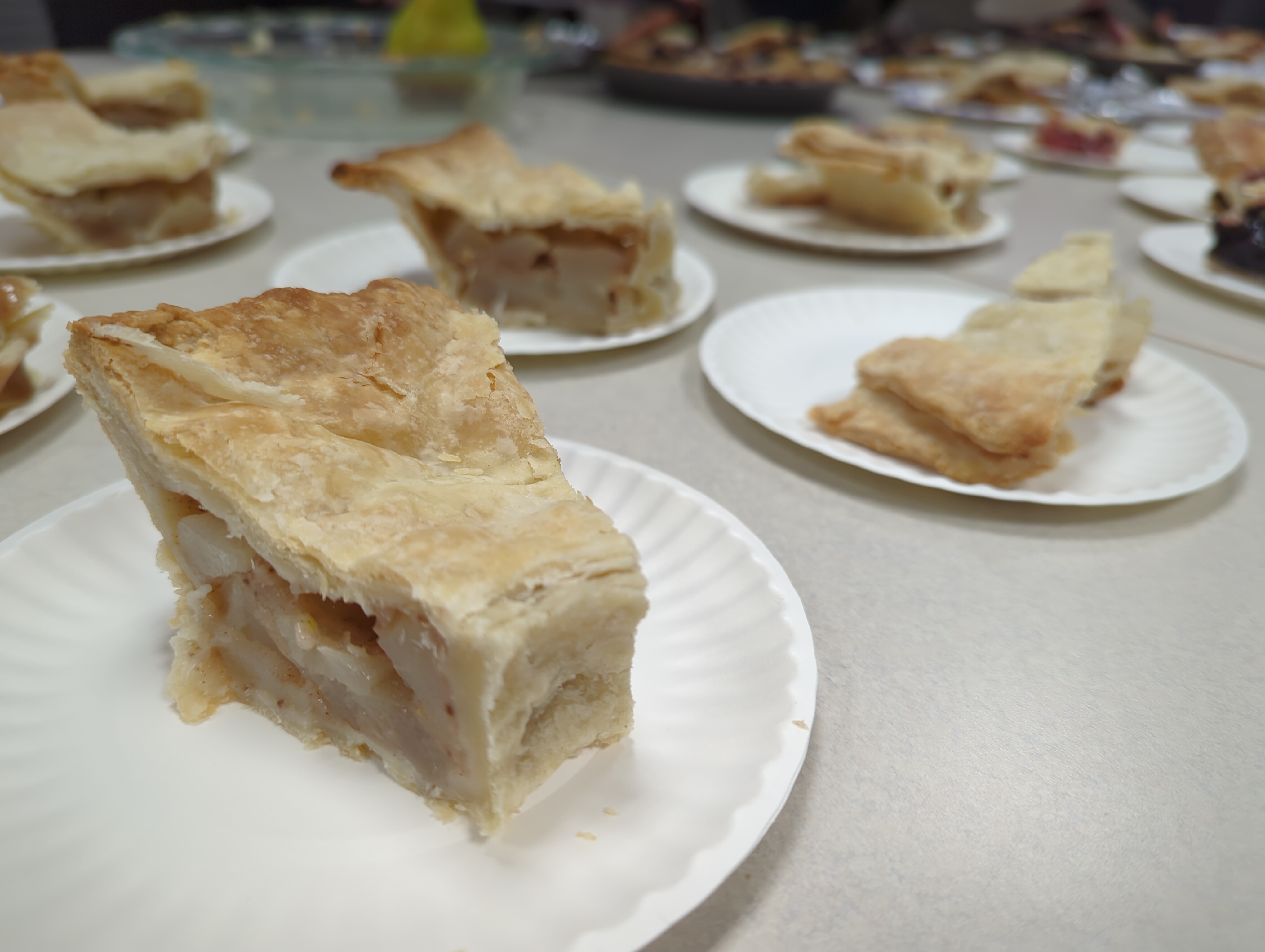 A slice of the pear pie in the previous photo, showing that the crust is topologically a circle