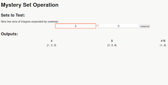 Text boxes where students can enter sets to see the result of the operation on them.